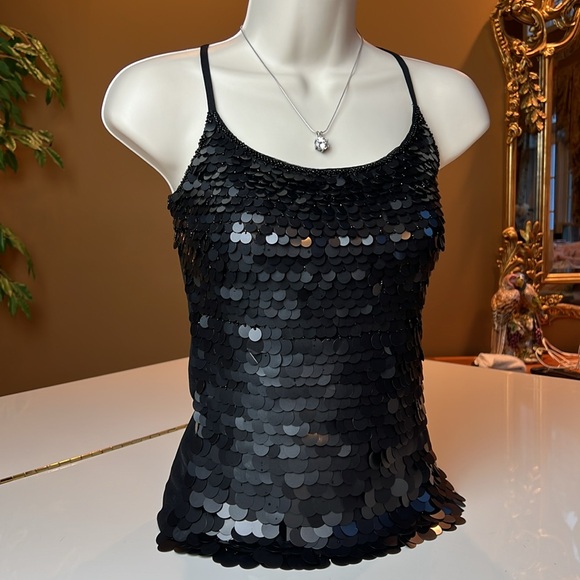 🖤SHE’S BLACK LARGE SEQUIN & BEADS ADJUSTABLE SPAGHETTI STRAP SPARKLY TOP SMALL - Picture 3 of 16